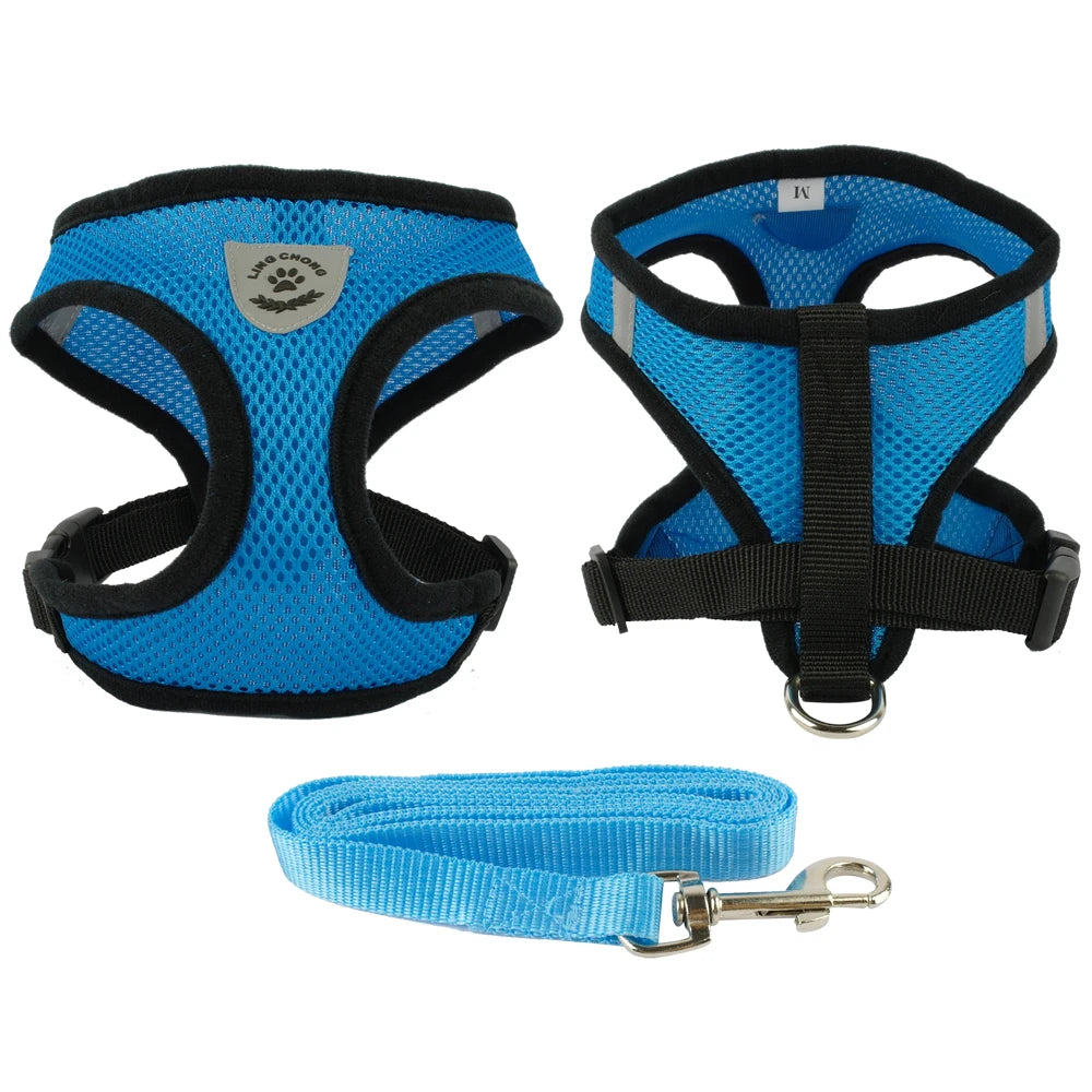 Breathable Mesh Dog Harness & Leash Set - Small Pet Vest Collar Blue