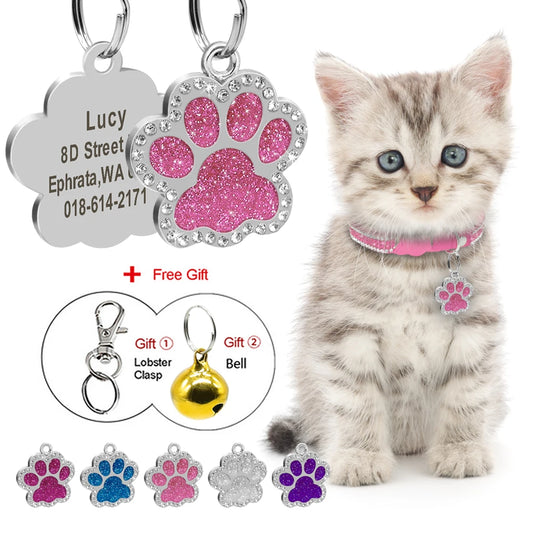 Personalized Glitter Cat ID Tag - Custom Paw Shape Pet Nameplate