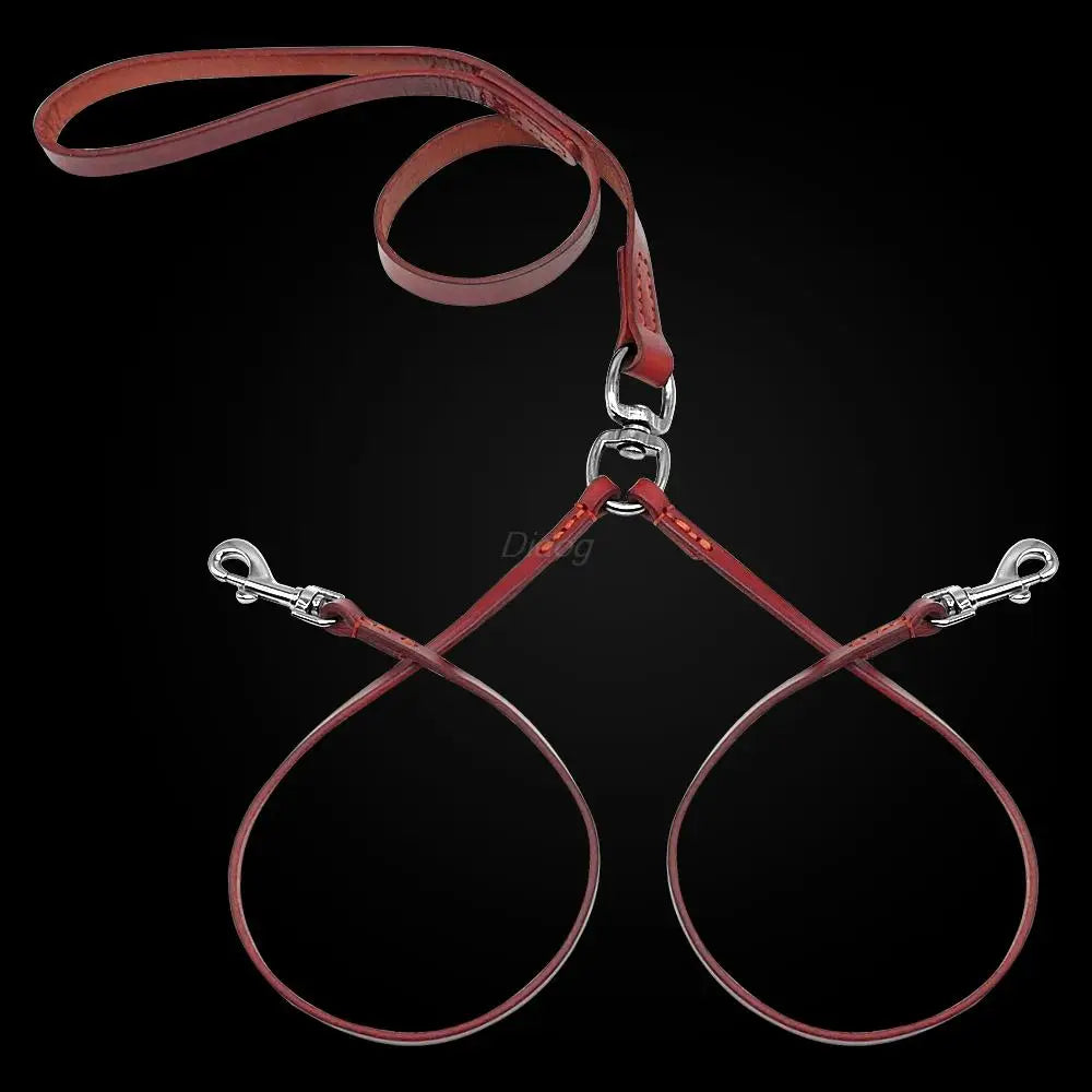 Double Dog Leash Leather Coupler for Walking Two Small Dogs Brown M