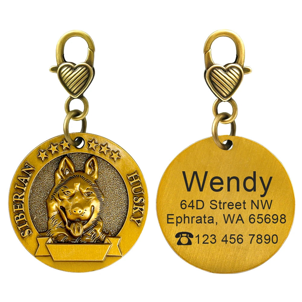 Personalized Dog ID Tag Copper Plated - Custom Engraved Pet Nameplate Siberian Husky M
