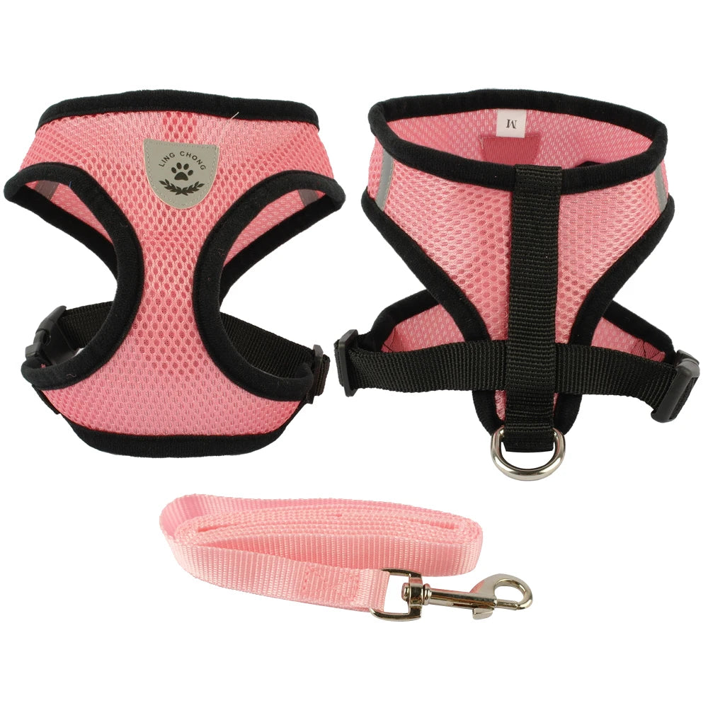 Breathable Mesh Dog Harness & Leash Set - Small Pet Vest Collar Pink