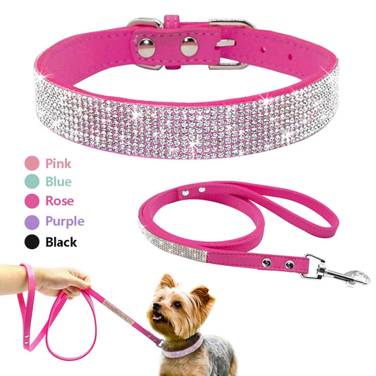 Rhinestone Dog Collar & Leash Set - Suede Leather Pet Accessories