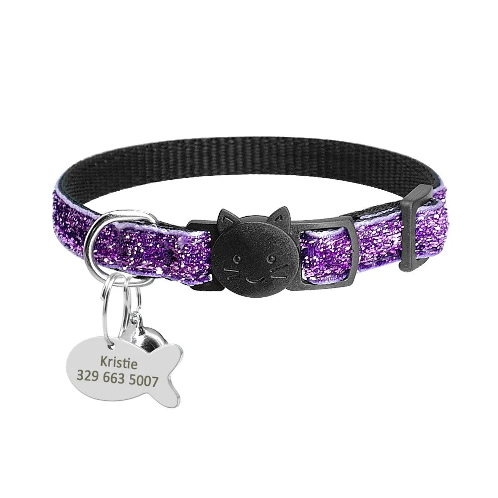 Personalized Cat Collar with Safety Breakaway & Bell - Custom Bling Purple