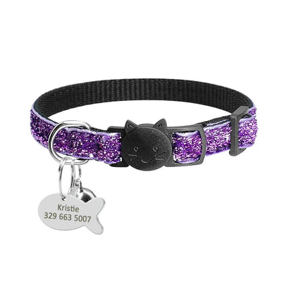 Personalized Cat Collar with Safety Breakaway & Bell - Custom Bling Purple