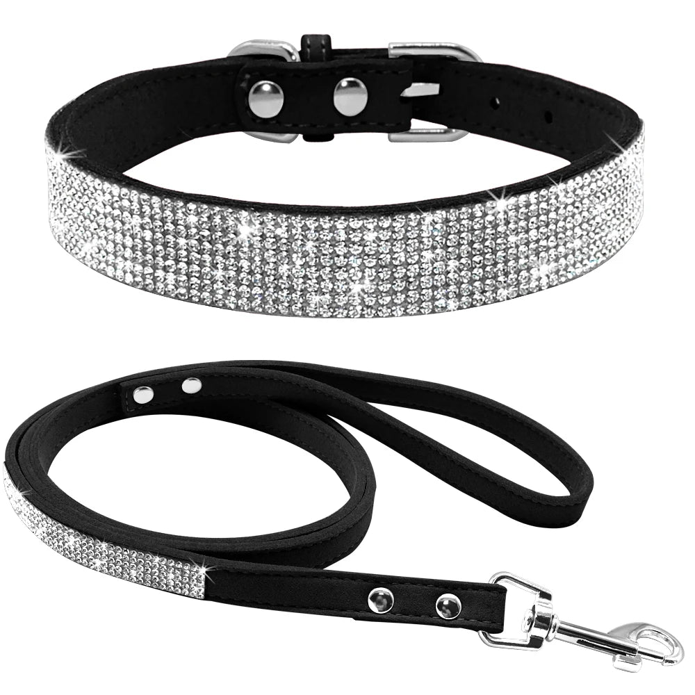 Rhinestone Dog Collar & Leash Set - Suede Leather Pet Accessories black