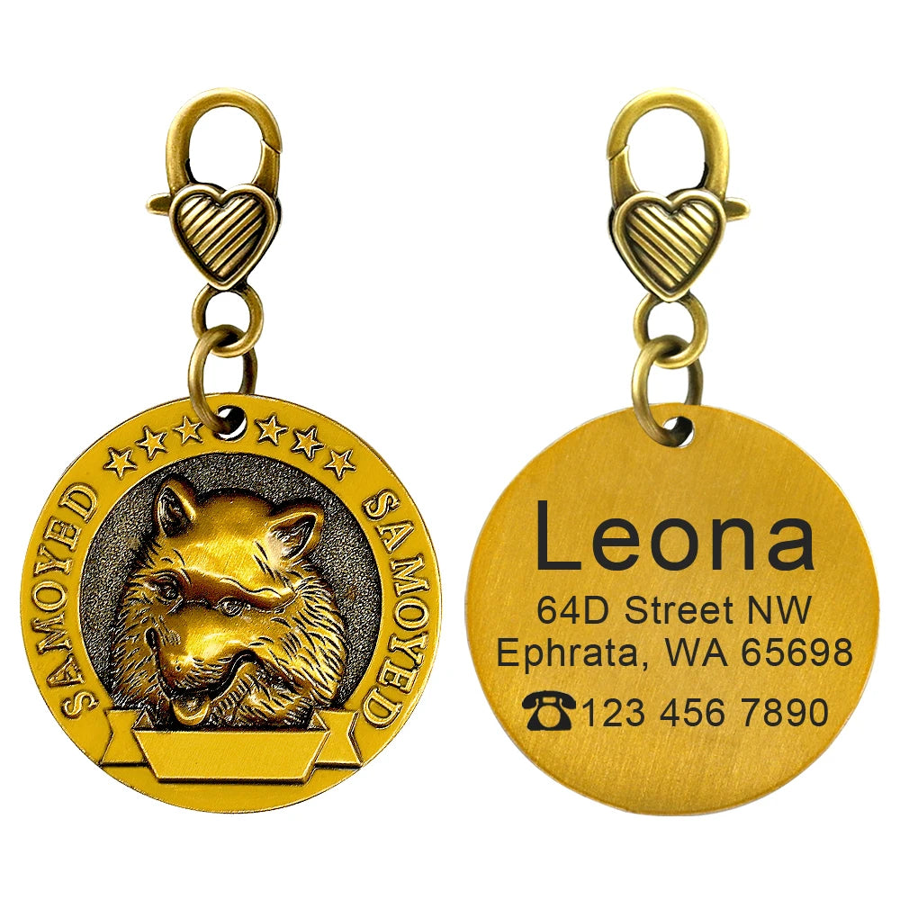 Personalized Dog ID Tag Copper Plated - Custom Engraved Pet Nameplate Samoyed M