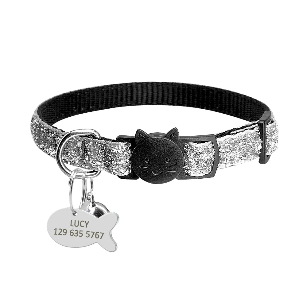 Personalized Cat Collar with Safety Breakaway & Bell - Custom Bling Silver