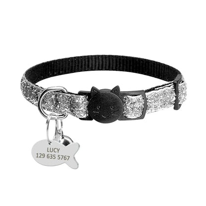 Personalized Cat Collar with Safety Breakaway & Bell - Custom Bling Silver