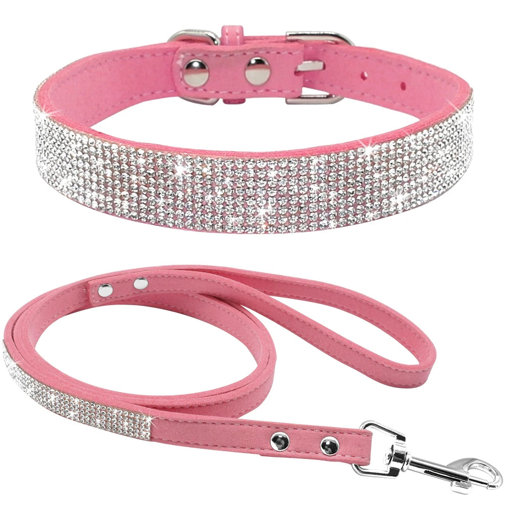 Rhinestone Dog Collar & Leash Set - Suede Leather Pet Accessories