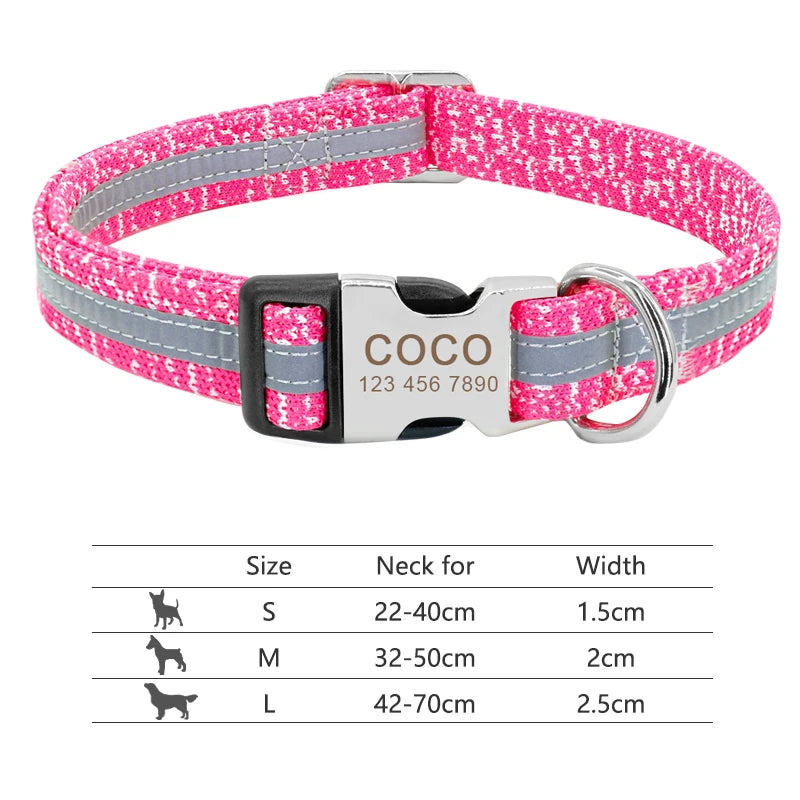 Personalized Dog Collar with Engraved ID - Reflective Nylon Safety 095-Pink
