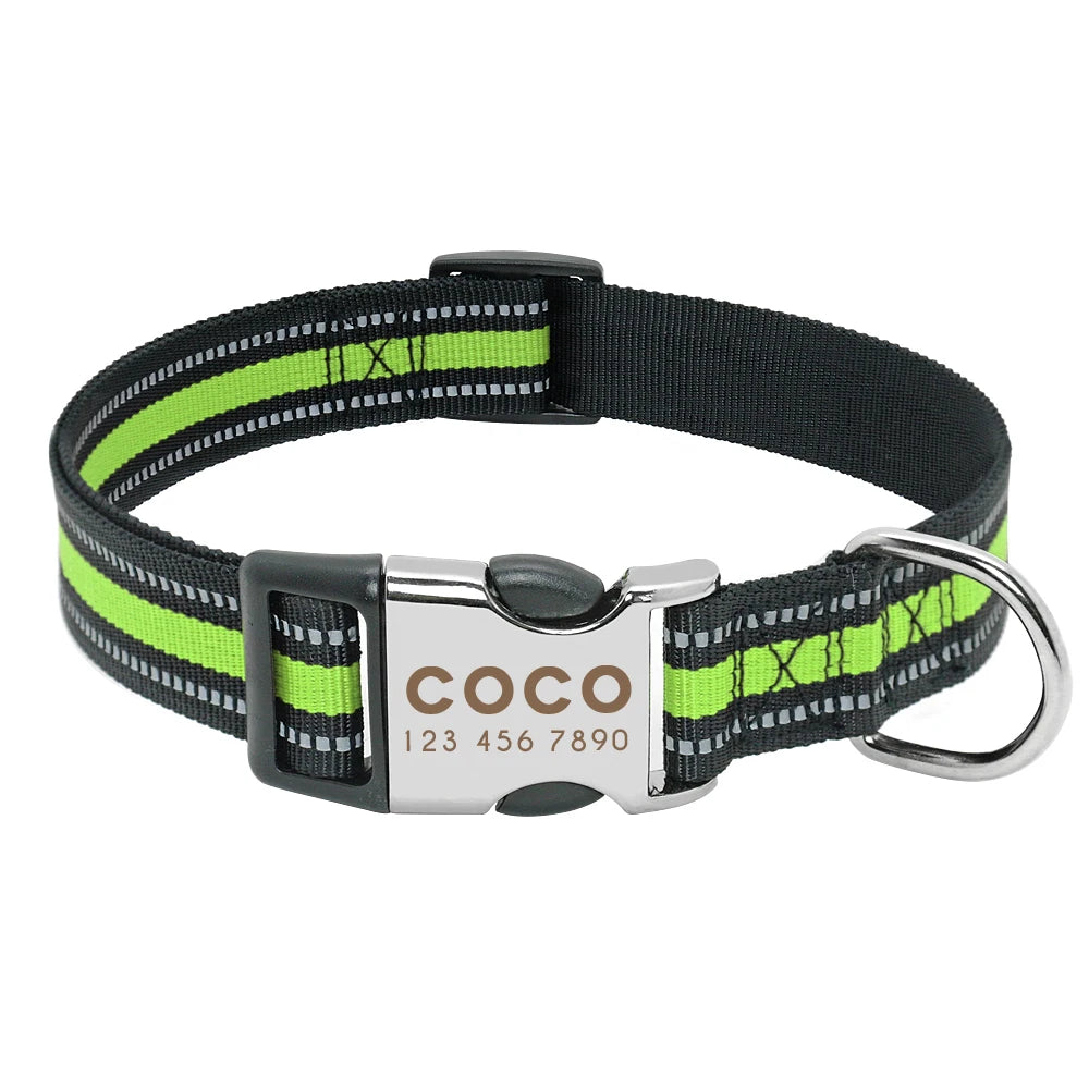 Personalized Dog Collar with Engraved ID - Reflective Nylon Safety 014-Green