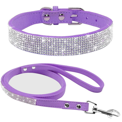 Rhinestone Dog Collar & Leash Set - Suede Leather Pet Accessories PURPLE