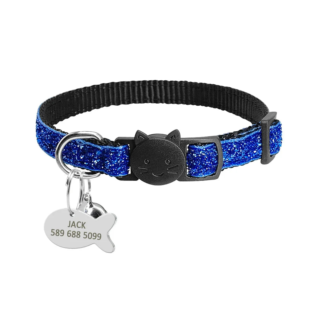 Personalized Cat Collar with Safety Breakaway & Bell - Custom Bling Blue