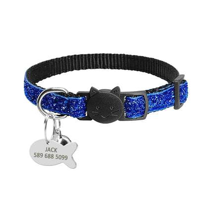 Personalized Cat Collar with Safety Breakaway & Bell - Custom Bling Blue