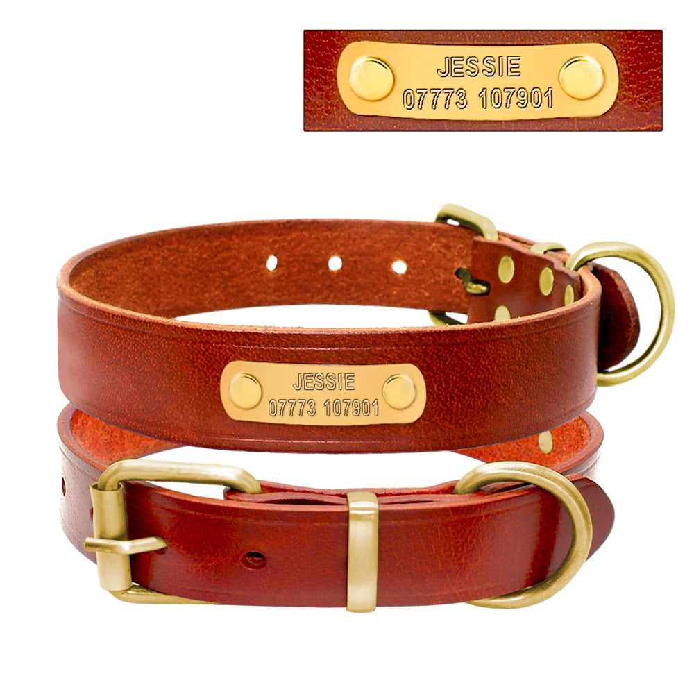 Custom Leather Dog Collar - Free Engraving Personalized Pet ID Brown