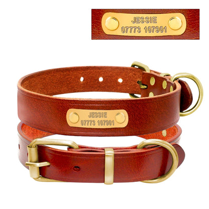 Custom Leather Dog Collar - Free Engraving Personalized Pet ID Brown