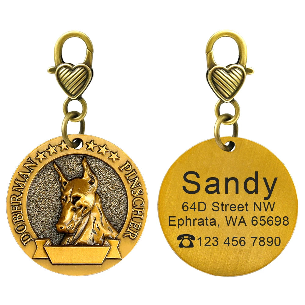 Personalized Dog ID Tag Copper Plated - Custom Engraved Pet Nameplate Doberman Pinscher M