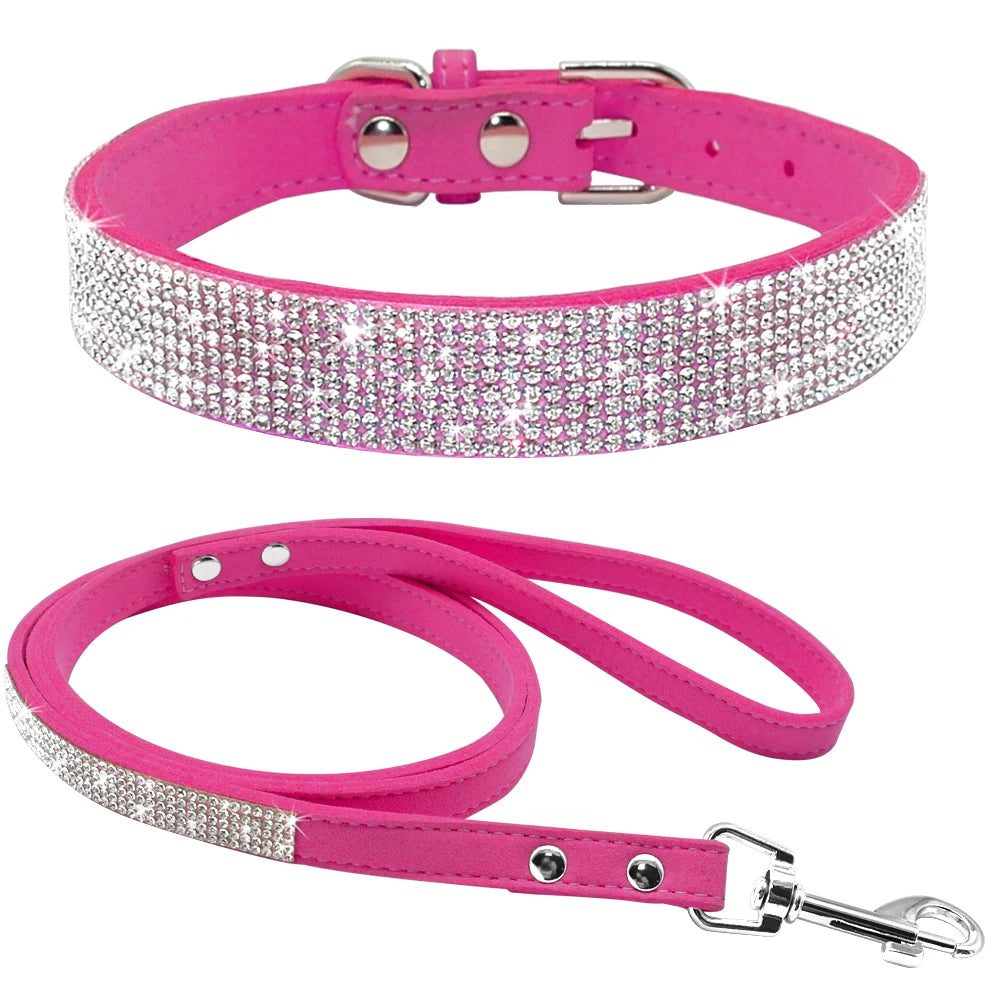 Rhinestone Dog Collar & Leash Set - Suede Leather Pet Accessories Rose