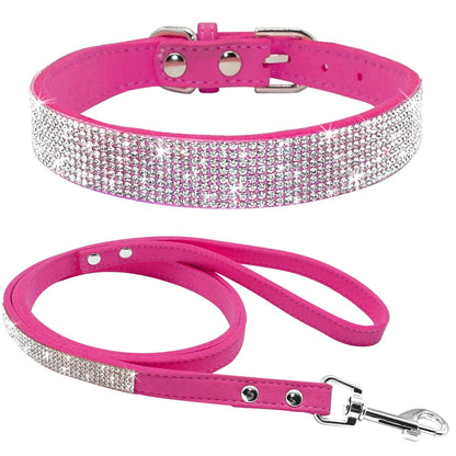 Rhinestone Dog Collar & Leash Set - Suede Leather Pet Accessories Rose
