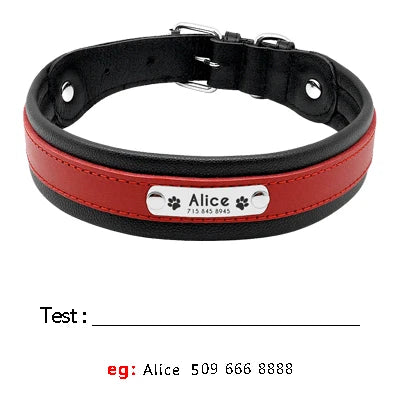 Personalized Leather Dog Collar - Custom Engraved Nameplate Red