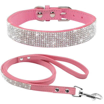 Rhinestone Dog Collar & Leash Set - Suede Leather Pet Accessories Pink