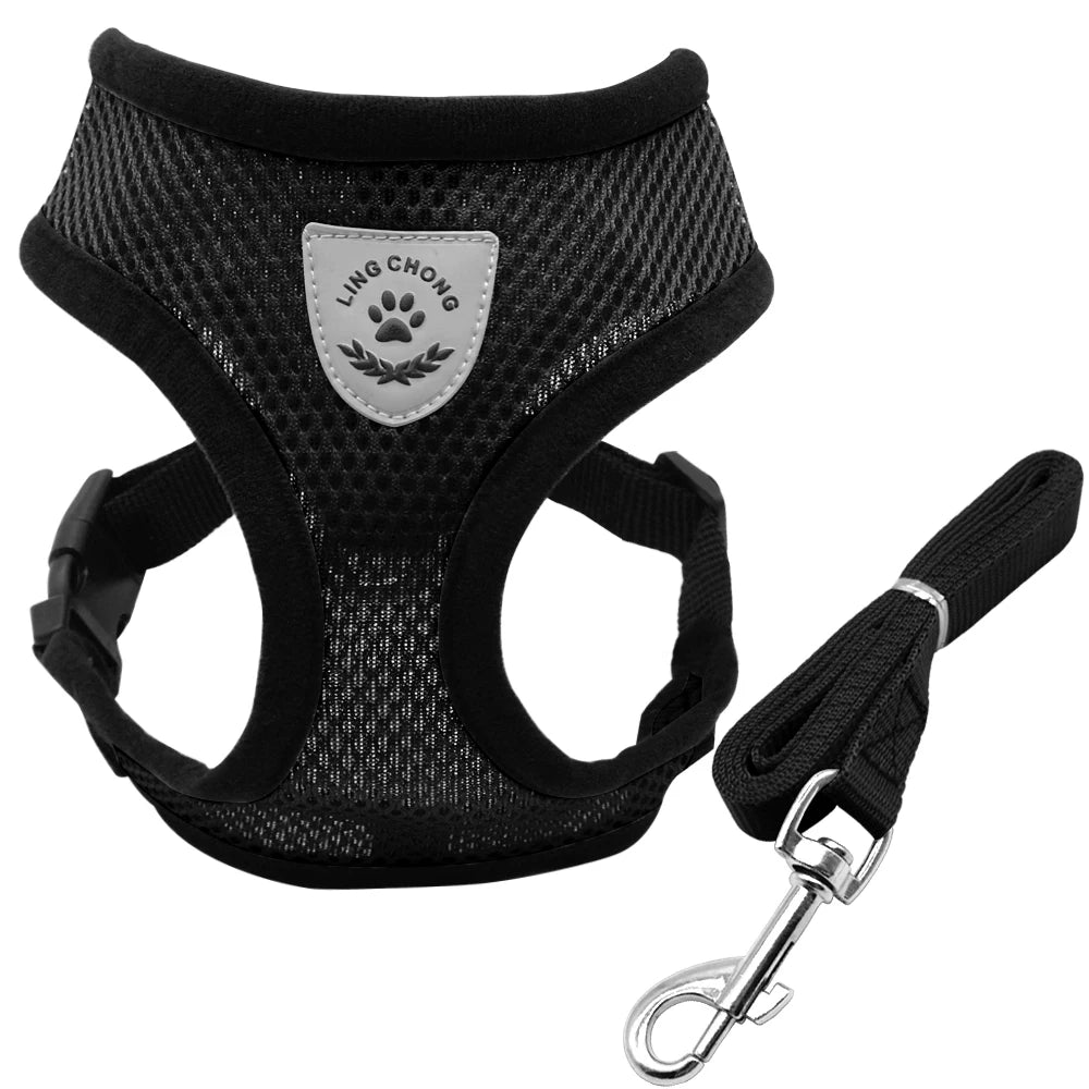 Breathable Mesh Cat Harness with Leash - Reflective Pet Safety Black