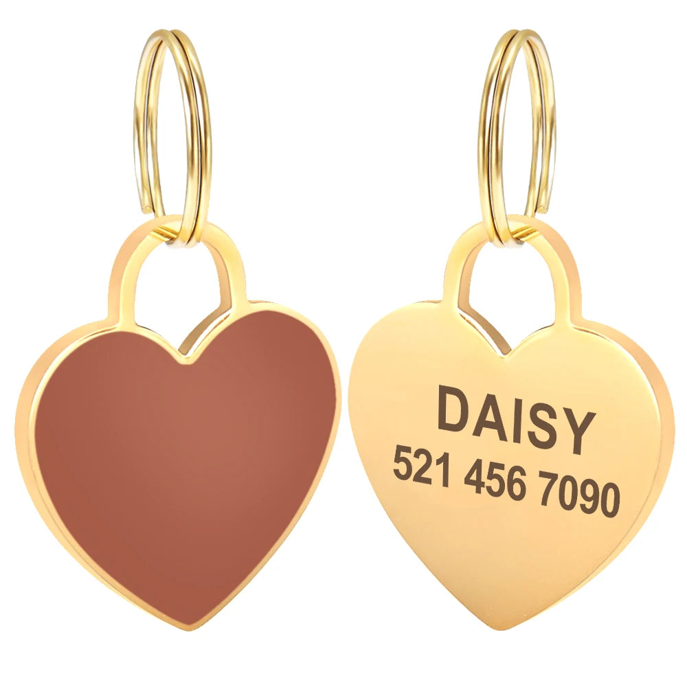 Heart Dog ID Tag Custom Engraved - Personalized Pet Safety brown