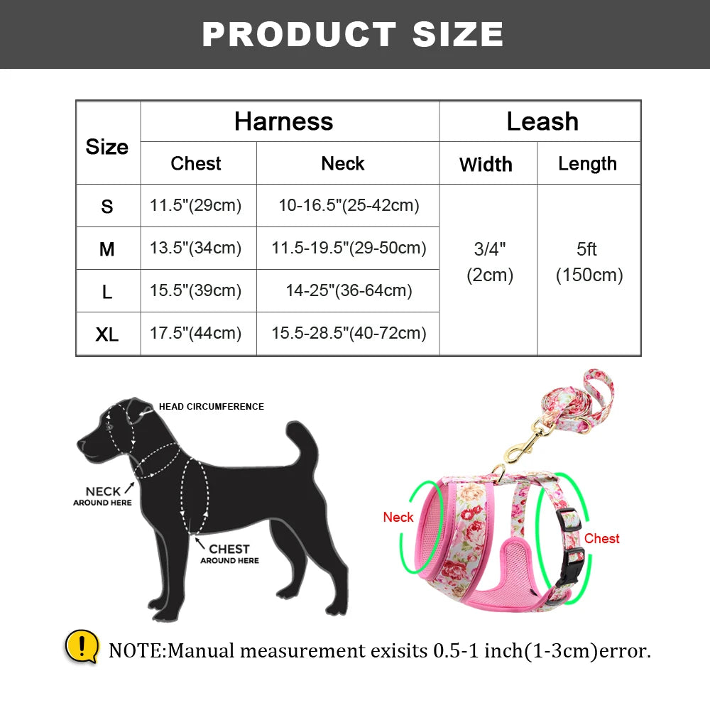 Dog Harness and Leash Set - Breathable Padded Vest with Floral Print