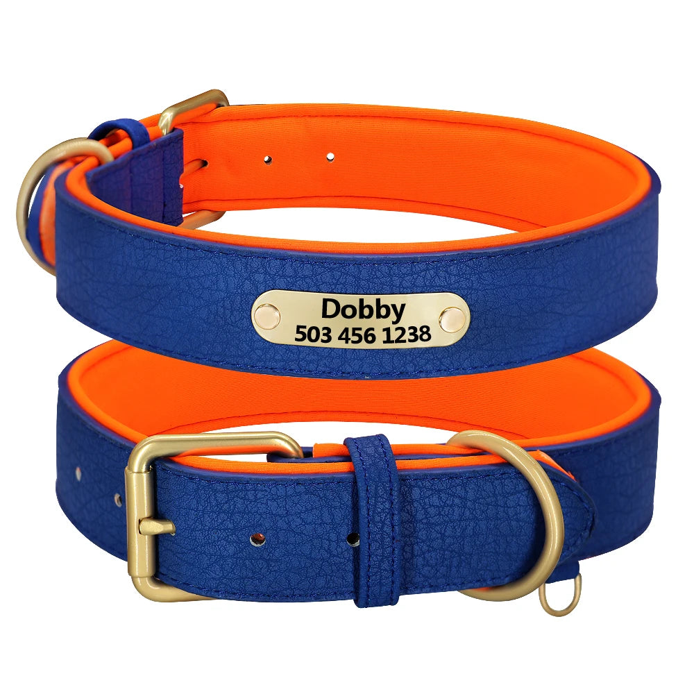 Custom Engraved Leather Dog Collar - Personalized ID Plate Blue