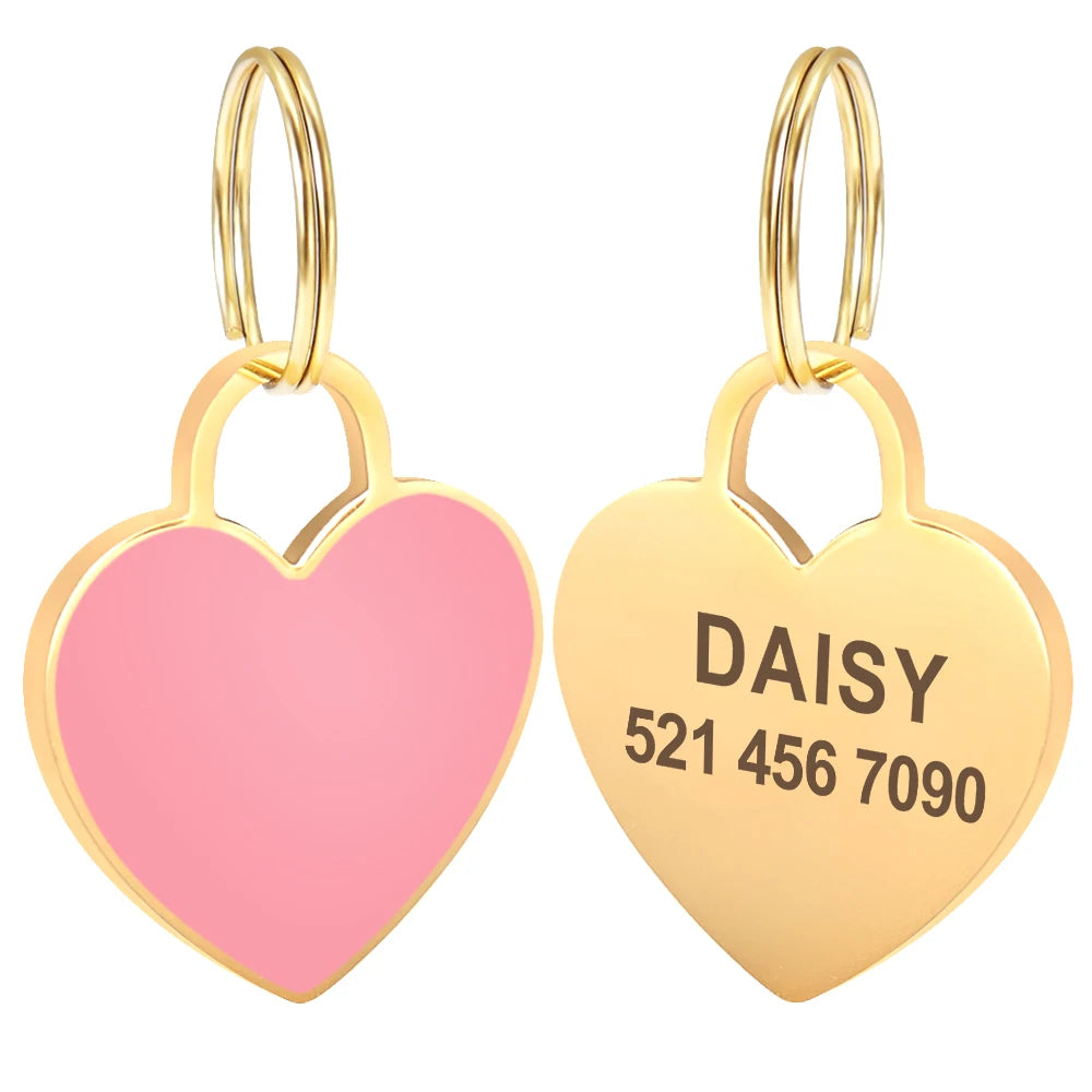 Heart Dog ID Tag Custom Engraved - Personalized Pet Safety Pink