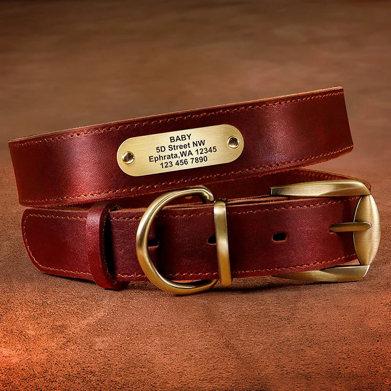 Personalized Leather Dog Collar with Custom Engraved ID Tag Red