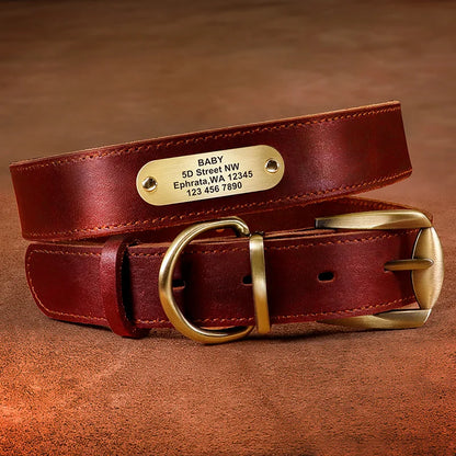 Personalized Leather Dog Collar with Custom Engraved ID Tag Red