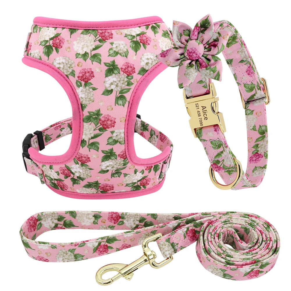 Custom Dog Collar Harness Set - Personalized Nylon Pet Kit Pink