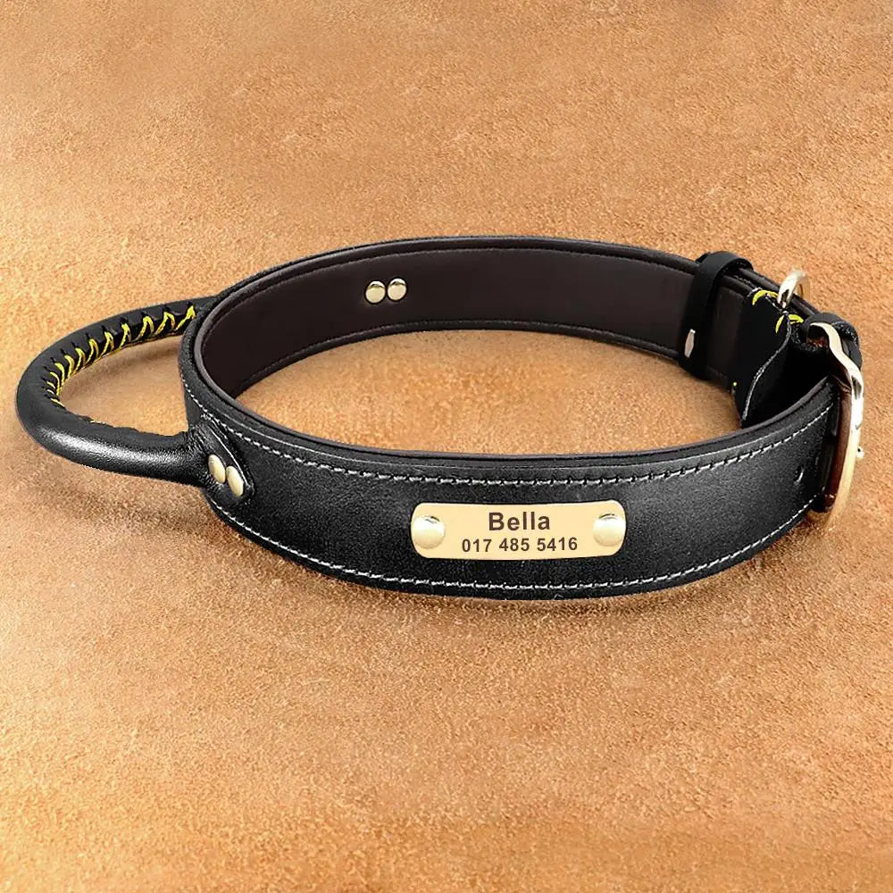Personalized Leather Dog Collar with ID Tag - Medium & Large Dogs Black