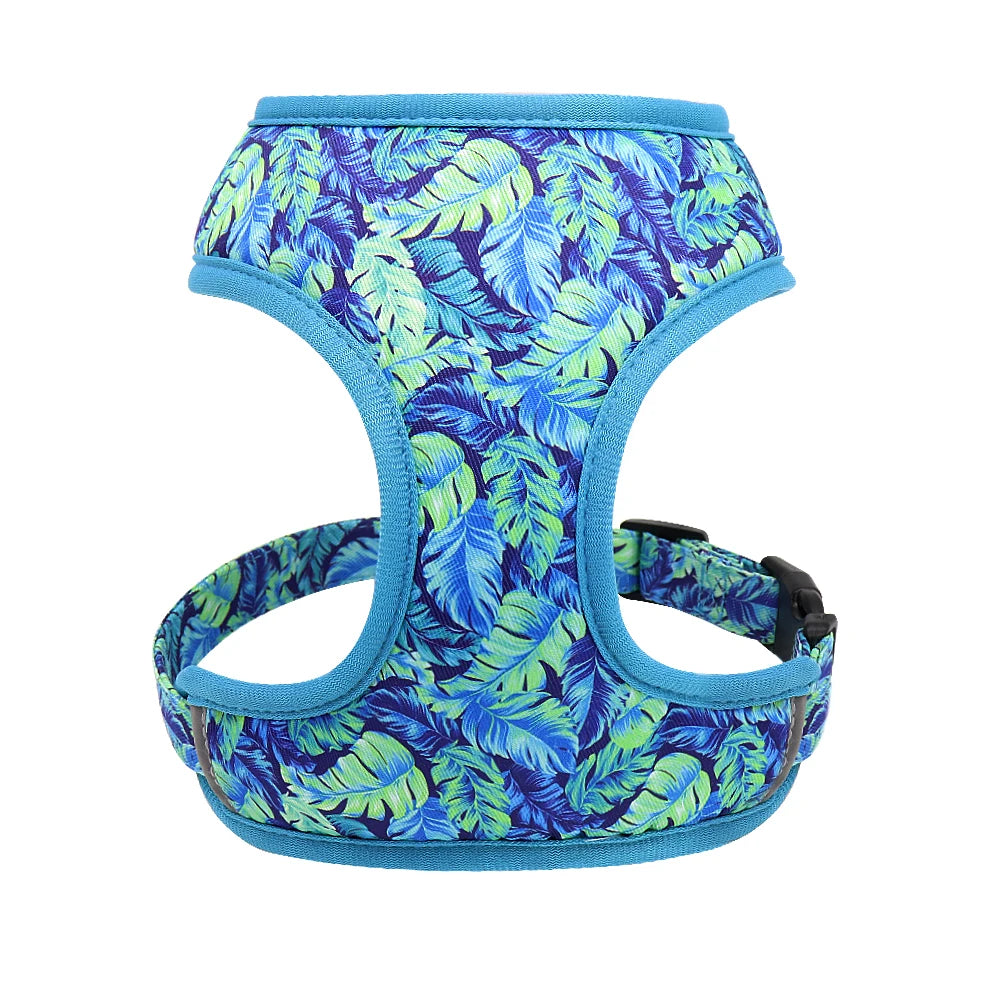Dog Harness and Leash Set - Breathable Padded Vest with Floral Print Blue Harness