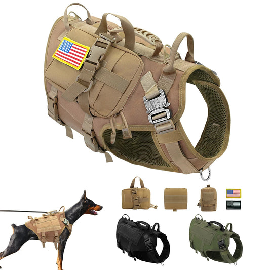 Tactical Dog Harness Military Style with Storage Bag for Large Dogs
