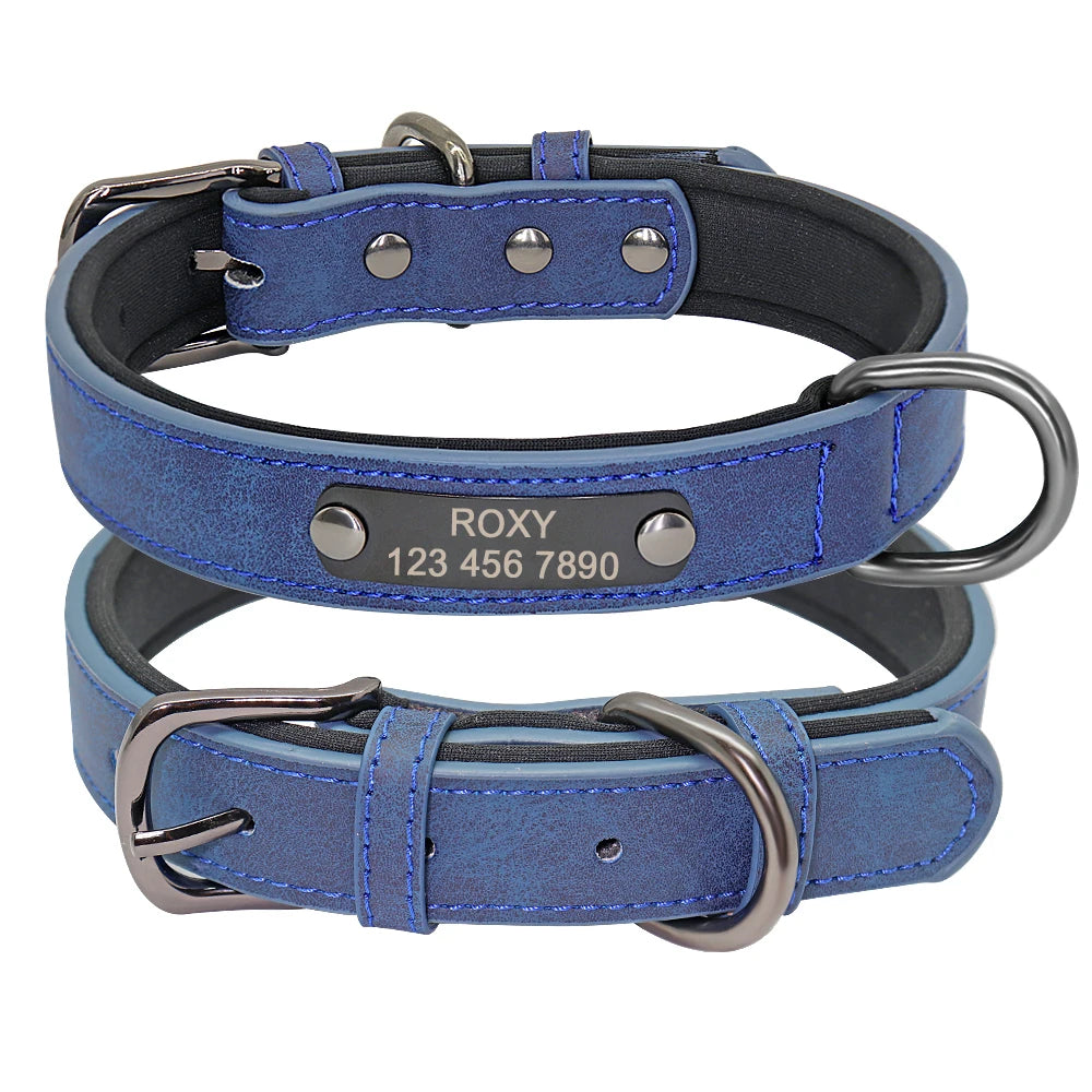 Custom Engraved Dog Collar - Personalized Leather Pet ID Collar Blue