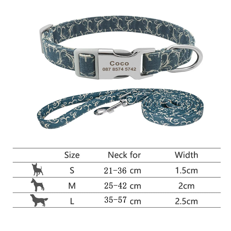 Reflective Dog Collar & Leash Set - Custom Engraved Night Safety 217HBLUE8
