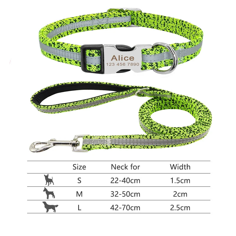 Reflective Dog Collar & Leash Set - Custom Engraved Night Safety 095GREEN
