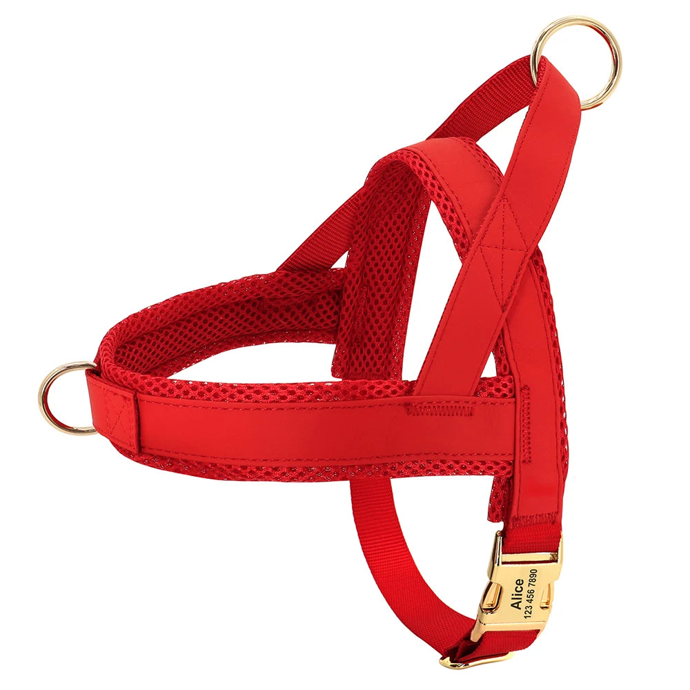 Custom Leather Dog Harness - Personalized No Pull Vest S-XL Red