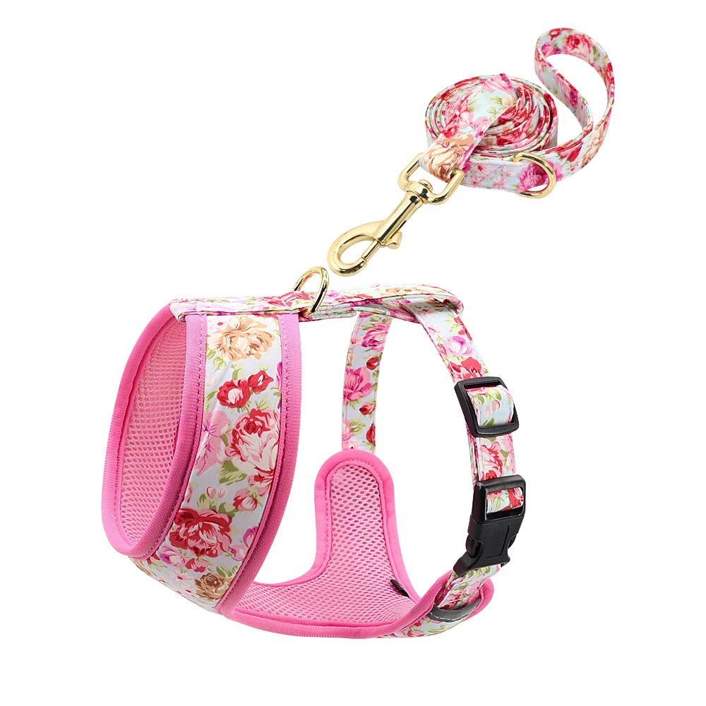 Dog Harness and Leash Set - Breathable Padded Vest with Floral Print