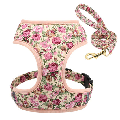 Dog Harness and Leash Set - Breathable Padded Vest with Floral Print Beige Set