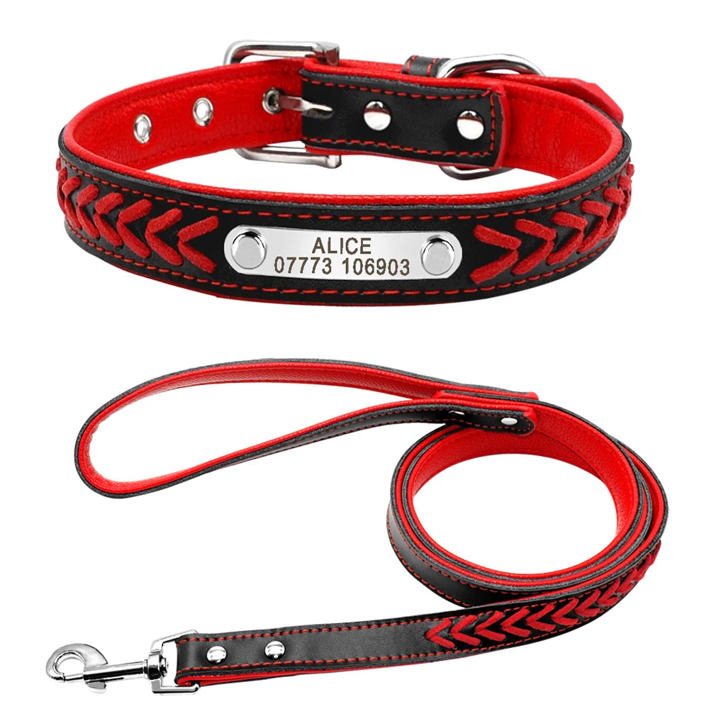 Custom Leather Dog Collar - Personalized Engraved Name Plate Red set