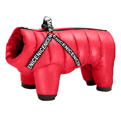 Warm Winter Dog Coat with Harness - Thick Cotton Down Jacket Red
