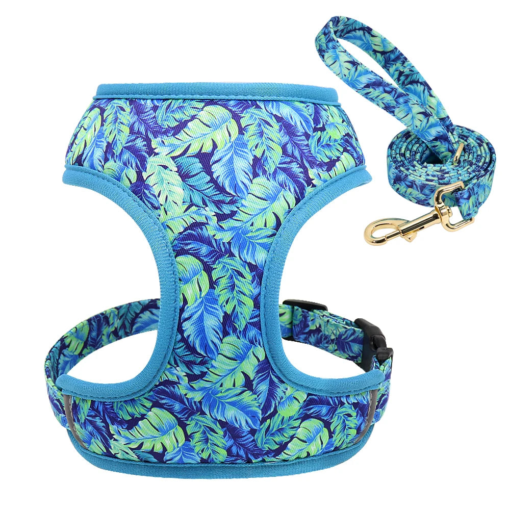 Dog Harness and Leash Set - Breathable Padded Vest with Floral Print Blue Set