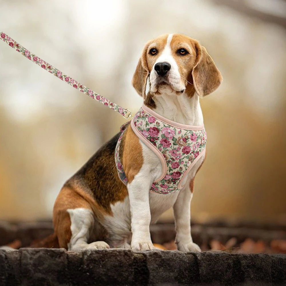Dog Harness and Leash Set - Breathable Padded Vest with Floral Print