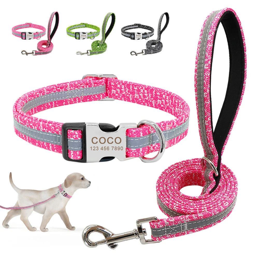 Reflective Dog Collar & Leash Set - Custom Engraved Night Safety