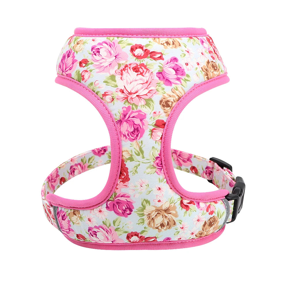 Dog Harness and Leash Set - Breathable Padded Vest with Floral Print Pink Harness