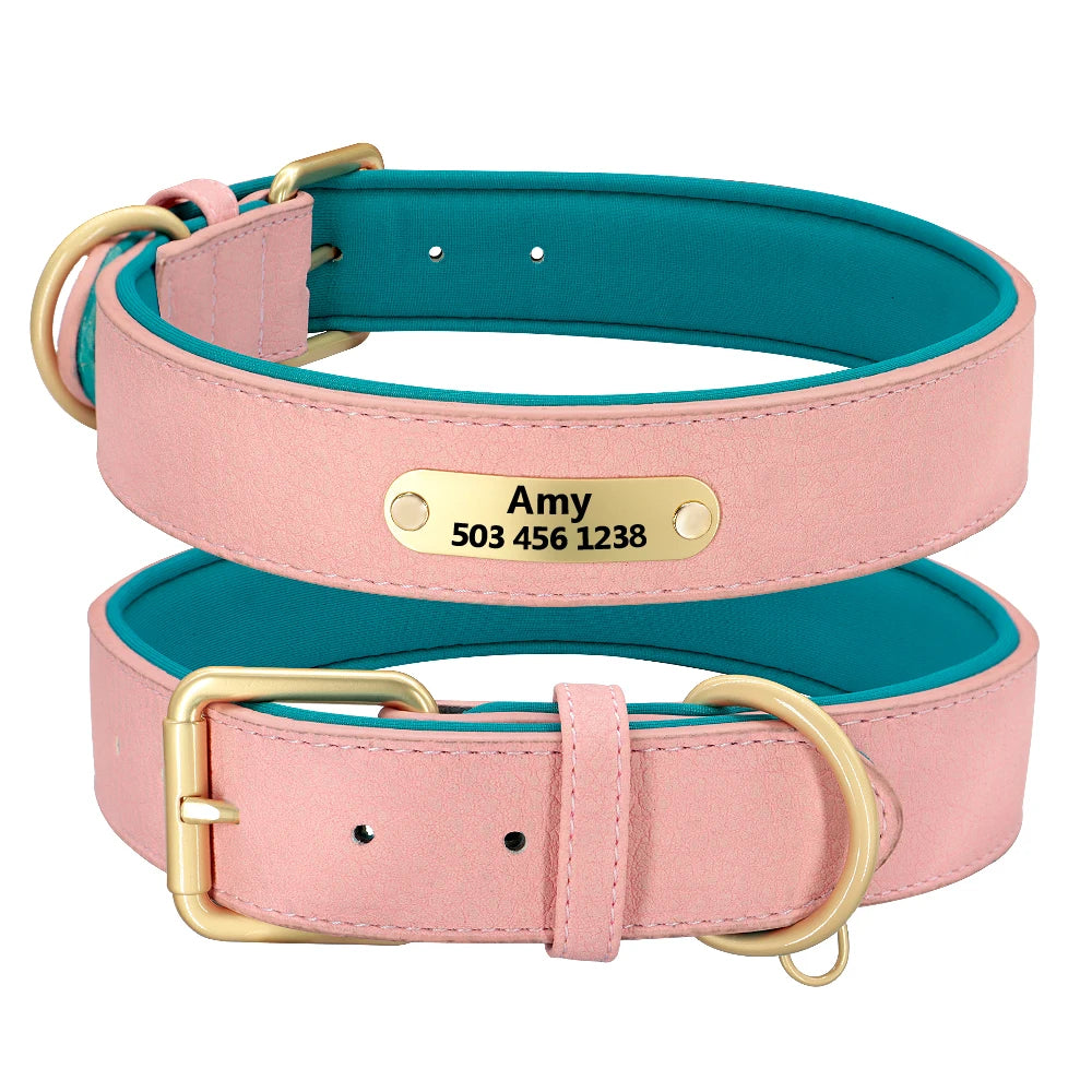 Custom Engraved Leather Dog Collar - Personalized ID Plate Pink