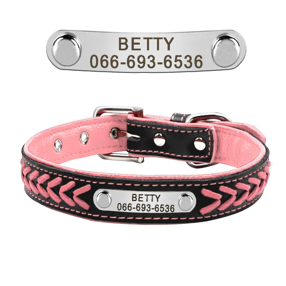 Custom Leather Dog Collar - Personalized Engraved Name Plate Pink